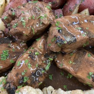 Grilled Marinated Steak Tip Dinner with a Caramelized Onion Sauce