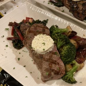 12oz NY Sirloin with a Light Gorgonzola Cream and Fried Onion Strings